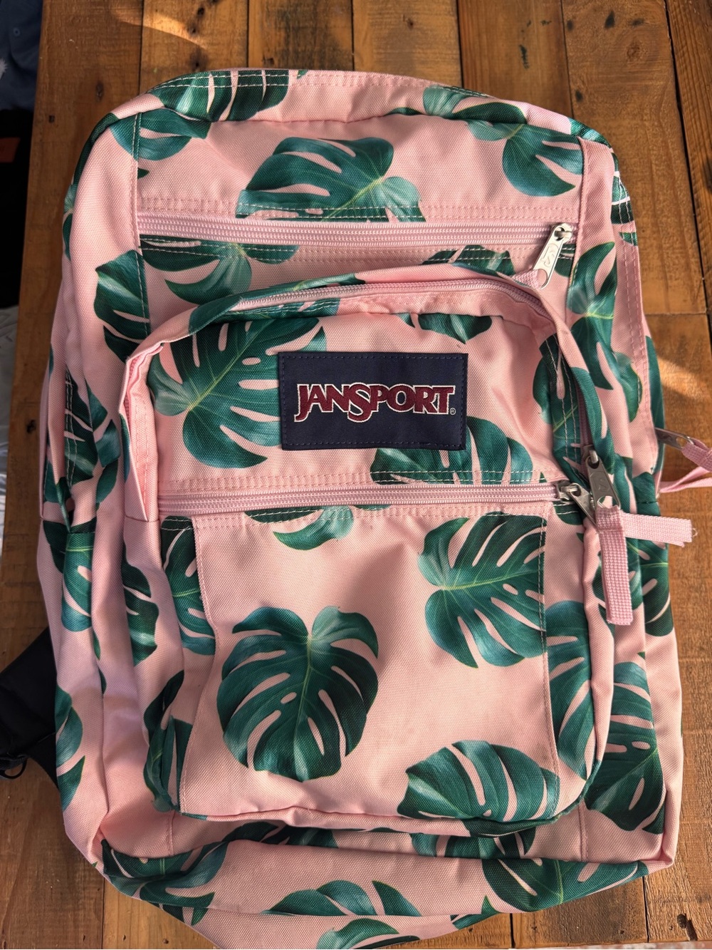 Jansport Pink Backpack with Green Tropical Leaf Print - Picture 2 of 13